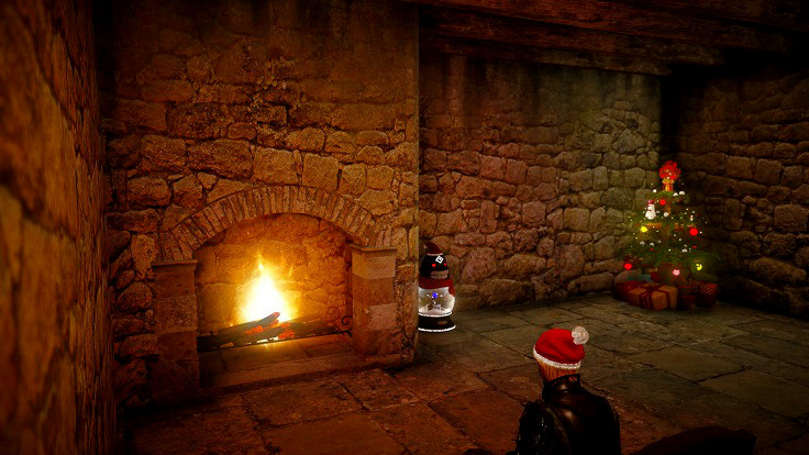 暖炉の近くに闇の精霊ボールとクリスマスツリーを設置